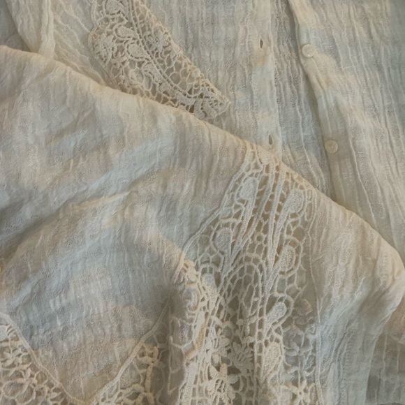 Zara linen long beige ecru shirt dress with embroidery crochet aplique - Picture 7 of 7
